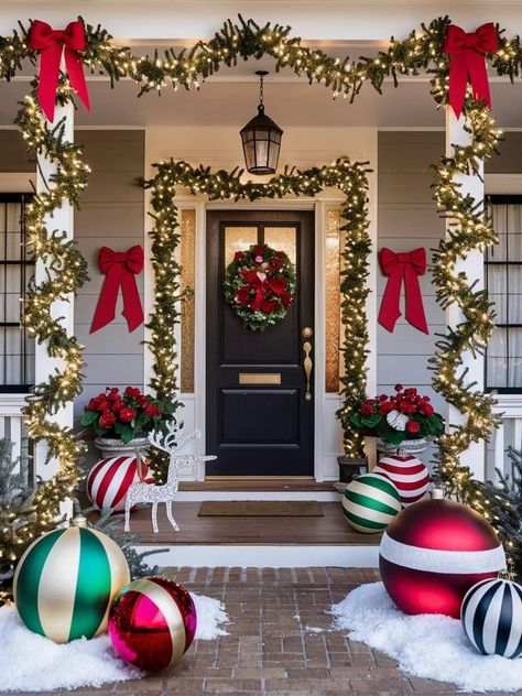 Outside Decorations Christmas, Outside Arch Christmas Decor, Decorate Porch Pillars For Christmas, Diy Christmas Exterior Decorations, Christmas Decor Pillars Outdoor, Front House Christmas Decorations, Front Porch Gingerbread House Decor, Front Gate Christmas Decorations, Chic Outdoor Christmas Decor