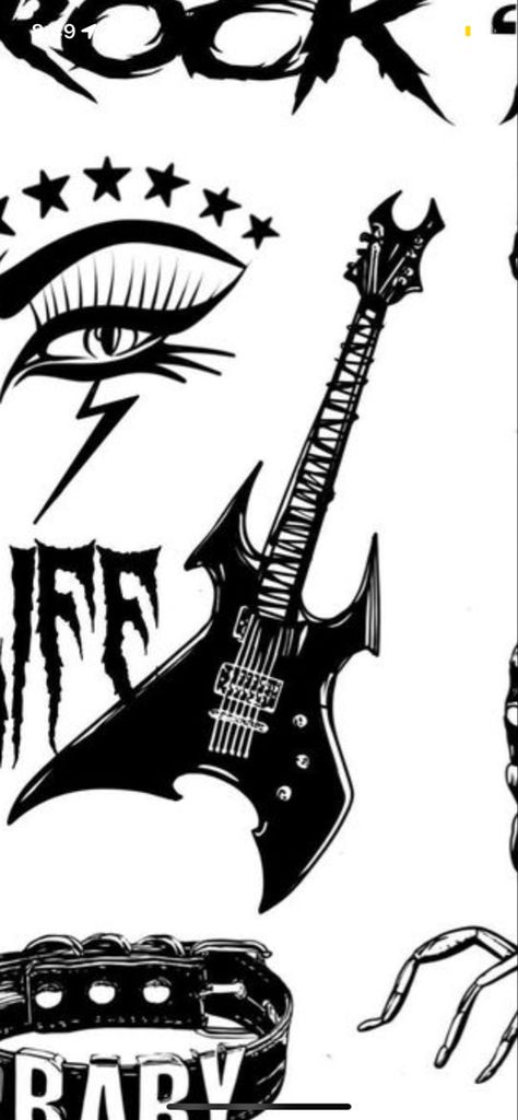 Grunge Flash Art, Glam Rock Tattoo, Electric Guitar Tattoo Ideas, Rock Star Tattoos, Punk Rock Tattoo Ideas, Electric Guitar Drawing Sketches, Rock Band Tattoo Ideas, Metal Head Tattoos, Rock Star Drawing