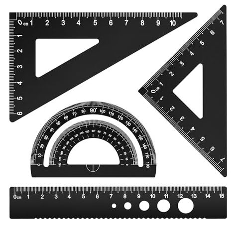 Honagu Triangular Ruler Set, 4 Pieces Aluminum Alloy Ruler, Metal Drafting Ruler, Geometric Protractor for Student,Draftsman, Engineers, School Office Supplies(Black) Metal Ruler, Drafting Tools, Ruler Set, Math Geometry, Ink Toner, Teaching Materials, Eye Strain, High Contrast, Workshop Equipment