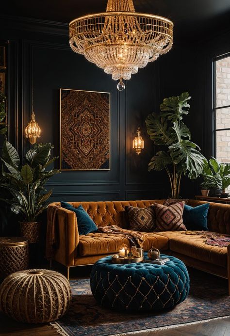 35 Gorgeous Dark Boho Living Room Inspirations 46 Dark Quirky Living Room, Art Deco Home Aesthetic, Steam Punk Living Room Ideas, Sitting Area With Plants Indoor, Luxurious Dark Living Room, Moody Chic Living Room, Dark Green Moody Living Room, Dark Moody Farmhouse Living Room, Cozy Modern Living Room Luxury