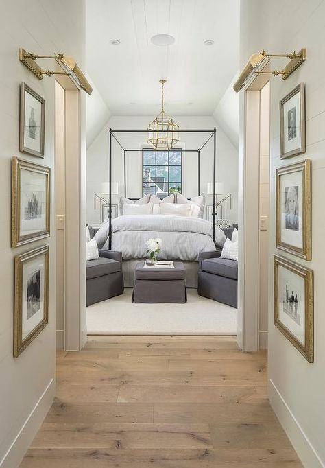 Pine wood floors separated shiplap hallway walls accented with gold leaf framed black and white photography lit by brass picture lights. Decor Ikea, Interior Vintage, Timeless Interiors, Foyer Design, Beautiful Bedroom, Remodel Bedroom, Awesome Bedrooms, Wood Flooring, Modern Bed