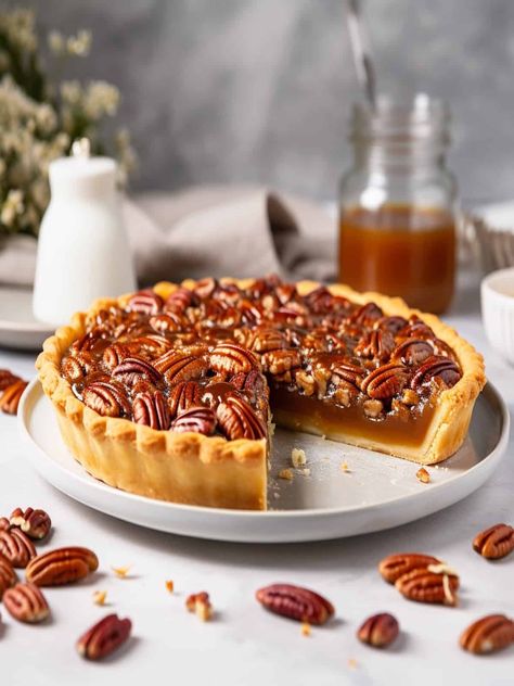 Pecan Pie Photography, Caramel Pecan Pie Recipe, Winter Pies, Salted Caramel Dessert, Caramel Desert, Salted Caramel Pecan Pie, Caramel Pastry, Pecan Pie Cake Recipe, Caramel Baking