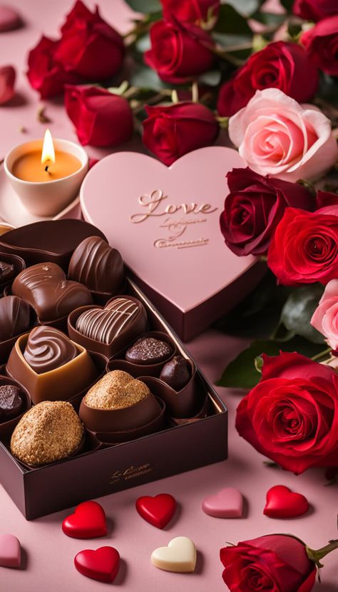 Wallpaper for Valentine's Day - Love with Roses, chocolates and candle - AI creation Happy Valentines Day Pictures, Flowers For Valentines Day, Happy Valentines Day Images, Chocolate Roses, Chocolate Day, Valentine Chocolate, Valentines Wallpaper, Love Chocolate, Chocolate Gifts