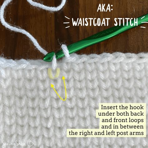 Waist Coat Stitch Crochet Pattern, Stockinette Stitch Crochet, Knitted Waistcoat Outfit, Knit Look Crochet Stitch, Crochet Station, Waistcoat Stitch Crochet, Crochet Knit Stitch, Creepy Crochet, Crochet Butterfly Free Pattern