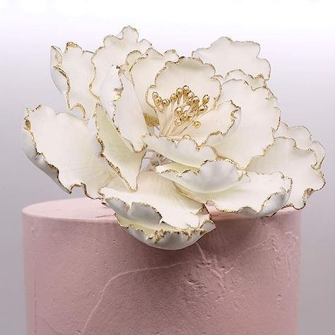 Amazon.com: Garden Peony Flowers - White with Gold Tips and Stamens Cake Toppers - Gumpaste Sugar Flowers by Sugar Deco (White with Gold) : Grocery & Gourmet Food Gold Fondant, Peony Cake, Sugar Flowers Cake, Fondant Flower Cake, Royal Icing Flowers, Flower Cake Toppers, Icing Flowers, Open Rose, Gum Paste Flowers