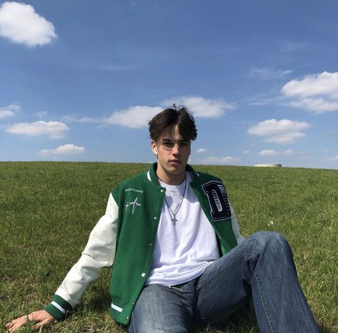 Green Varsity Jacket, Pretty Sky, Green Grass Green Varsity Jacket Outfit Men, Green Varsity Jacket Outfit, Green Varsity Jacket For College, Green Fitted Casual Varsity Jacket, Green Jacket Outfit Men, Varsity Jacket Aesthetic, Green Varsity Outerwear For Streetwear, Green Varsity Jacket For Streetwear, Sporty Green Varsity Jacket