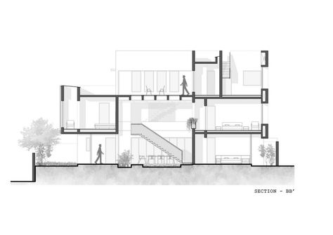 Sarpanch House | Neogenesis+Studi0261 - The Architects Diary House Section Drawing Architecture, Section Plan Architecture, Architecture Elevation Drawing, Architectural Section Drawing, Architecture Section Drawing, Section Of House, Architecture Plan Drawing, Modern House Design Plans, Gallery Plan