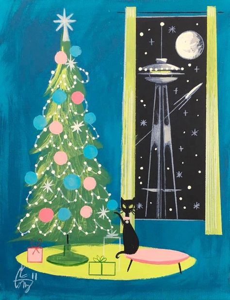 Mid Century Modern Christmas, Vintage Christmas Images, Retro Holiday, Mid Century Christmas, Modern Cat, Vintage Christmas Cards, Christmas Illustration, Holiday Art, Modern Christmas