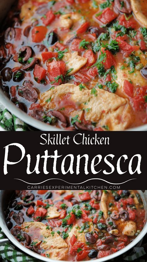 Italian style Chicken Puttanesca made with boneless chicken breasts, Kalamata olives, capers, tomatoes and fresh herbs. #chicken #lowcarb #keto #glutenfree #skillet Italian Chicken Skillet Recipes, Chicken Kalamata Olives Recipe, Chicken Puttanesca Recipes, Kalamata Olive Recipes, Mediterranean Chicken Skillet, Italian Chicken Breast Recipes, Chicken And Olives, Italian Style Chicken, Black Olives Recipes