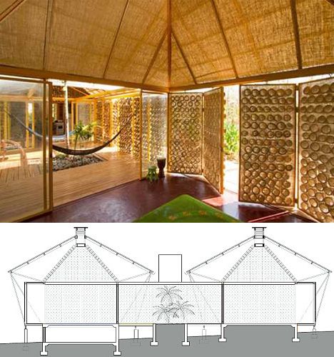 Architect Benjamin Garcia Saxe created this intricate, light-filled, open-air bamboo home for his mother in Costa Rica. Being open to the air allows the house to catch every breeze that comes through, but the bamboo and roof are angled to protect against rain. Inside, a cone-shaped dome gives Saxe’s mother a view of the sun and moon, with the space protected by an umbrella-like second roof. House Plan Layout, Benjamin Garcia, Bamboo Home, Bamboo Roof, Bamboo Building, Bamboo House Design, Plan Layout, Bamboo Structure, Bamboo Architecture