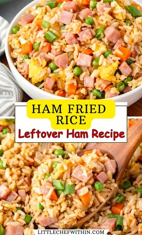 Try this quick and easy Ham Fried Rice recipe, perfect for using up leftover ham! Made in one pan with rice, vegetables, and flavorful seasonings, this dish is ready in minutes. Great for busy weeknights or meal prep, this family-friendly recipe is a delicious way to transform leftover holiday ham. Fried Rice Ham, Leftover Cooked Ham Recipes, How To Use Up Ham, Quick Ham Recipes, Leftover Boneless Ham Recipes, Rice And Ham Recipes, Leftover Ham And Rice Recipes, Ham Fried Rice Recipe Chinese Food, Fried Rice With Ham