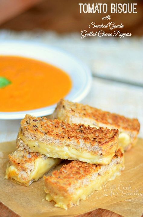 Tomato Bisque with Smoked Gouda Grilled Cheese Dippers from willcookforsmiles.com Gouda Grilled Cheese, Grilled Cheese Sticks, Soup Chowder, Cheese Dippers, Tomato Bisque, Bridesmaid Luncheon, Smoked Gouda, Cheese Sticks, Cheese Sandwich