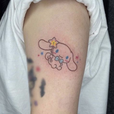 Cinnamonroll Sanrio Tattoo, Sanrio Tattoo Ideas, Cinnamoroll Tattoo, Cutesy Tattoos, Sanrio Tattoos, Aesthetic Cinnamoroll, Y2k Ideas, Tattoos Aesthetic, Tattoo Cute