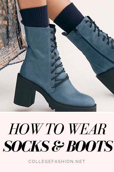 How to wear socks and boots - guide to wearing socks and boots together Boots With Socks, How To Wear Ankle Boots, Shoes Fall, Stripe Socks, Sock Outfits, Leather Lace Up Boots, Platform Heels Chunky, Shoes Summer, Striped Socks