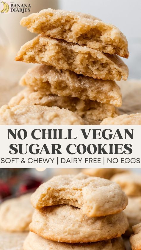 These perfectly soft drop-style sugar cookies are made unbelievably dairy free and without eggs, yet have the most deliciously crisp outer edges with chewy middles. Different from cut-out vegan sugar cookies, this drop-style version is easy to make with just a whisk and ready in 15 minutes (no chilling required!) for your new favorite vegan Christmas cookie recipe! Vegan Sugar Cookie Recipe, Sugar Free Vegan Desserts, Vegan Christmas Cookies Recipes, Banana Diaries, Gluten Free Vegan Recipes Desserts, Vegan Dessert Bars, Easy Vegan Cookies, Vegan Gluten Free Cookies, Vegan Sugar Cookies