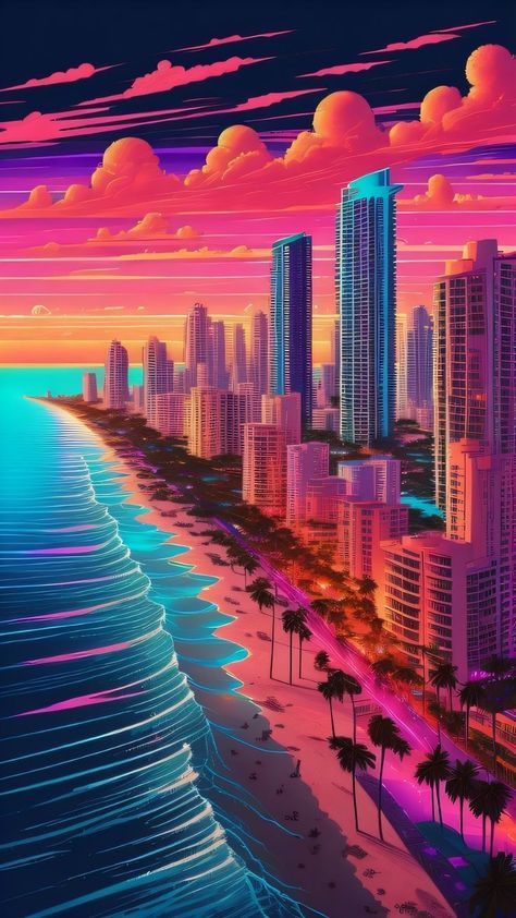 City Landscape Illustration, Aesthetic Lock Screen Wallpaper, Aesthetic Lock Screen, Grand Theft Auto Artwork, Synthwave Art, Cityscape Wallpaper, Vaporwave Wallpaper, Retro Wave, New Retro Wave