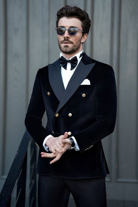 Unveiling the epitome of suave sophistication: the Black Velvet Double-Breasted Tuxedo 2-Piece by VIOSSI. Crafted for the discerning gentleman who dares to make a statement, this ensemble redefines luxury with its bold yet refined design. Immaculately tailored from plush velvet fabric, it exudes opulence and exclusivity.   #blacktuxedo #tuxedo #velvettuxedo #suit #suits #slimfit #menstyle #menfashion #fashioninspo #formalwear #menclothing #formalattire Luxury Double Breasted Black Tie Suit With Suit Collar, Luxury Men's Tuxedo With Double Button Closure, Luxury Slim Fit Double Breasted Tuxedo Suit, Luxury Double Breasted Tuxedo For Semi-formal, Luxury Double-breasted Tuxedo Sport Coat, Luxury Black Double Breasted Slim Fit Suit, Luxury Slim Fit Double Breasted Suit For Groom, Classic Luxury Tuxedo For Black-tie Events, Luxury Double Breasted Suit For Grooms