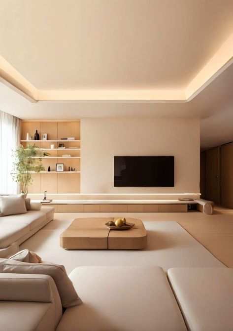 Veneer Living Room Design, Floating Tv Cabinets, Main Bedroom Tv Wall, White Slatted Wall, Living Room Designs Japandi, Tv Floating Cabinet, Floating Cabinets Living Room, Living Room Platform, Living Room Long Wall