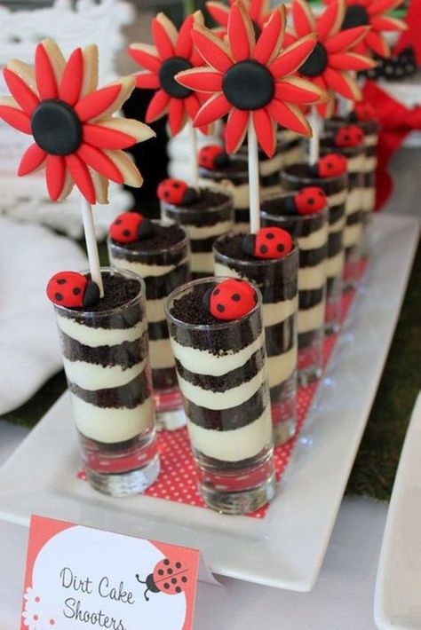 12 Ladybug Baby Shower Ideas - Love The Day Ladybug Fruit Platter, Lady Bug Decorating Ideas, Ladybug Cupcakes Ideas, Cake Shooters, Miraculous Ladybug Party, Ladybug Baby Shower, Ladybug Birthday Party, Baby Ladybug, Dirt Cake