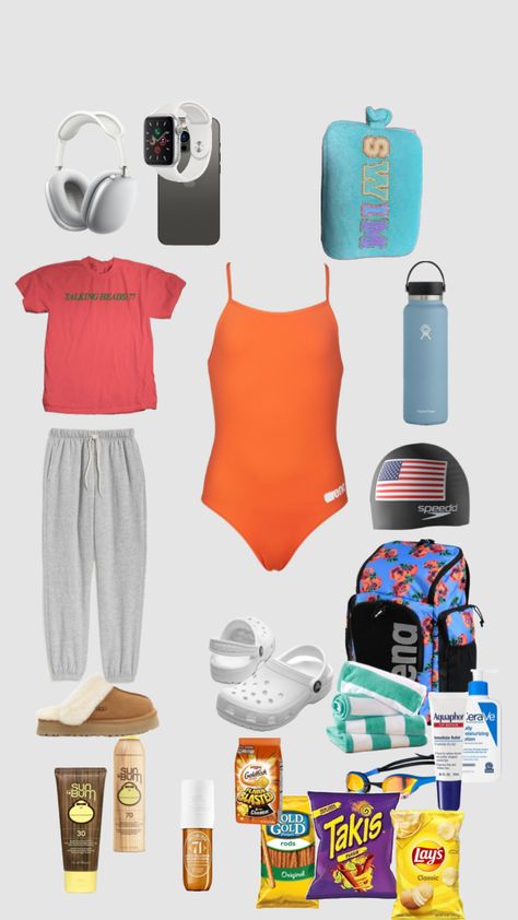 Swim Team Outfits, What To Pack For A Swim Meet, Swim Practice Outfit, Swim Meet Outfit, Swim Practice Aesthetic, Swimming Outfit Aesthetic, Swimming Outfit Ideas, Swimming Fits, Swimming Essentials