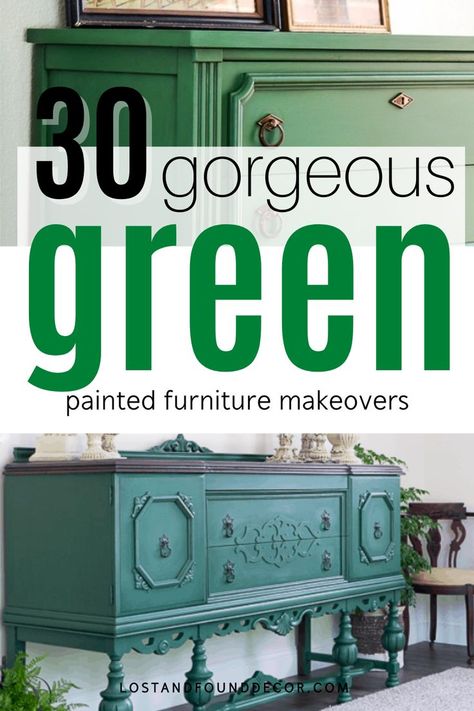 Do you have a piece of furniture in your home that you’re looking to give a fresh new look? The color green is trending right now and a great option for your next painted furniture makeover. Whether you want a light sage green for a farmhouse feel, or a bright emerald green for a more modern look, there’s a shade of green out there for you. Here's a collection of 30 green painted furniture makeovers just for you! Emerald Green Furniture Paint, Best Green Paint For Furniture, Blue Green Painted Furniture, Green China Cabinet Painted Furniture, Green Paint Colors For Furniture, Green Furniture Paint Colors, Green Accent Furniture, Green Paint For Furniture, Emerald Green Color Palettes