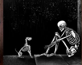 Skeleton Person And Dog, Dog And Human Skeleton Hugging, Dog And Human Skeleton, Dog Skeleton Tattoo, Powerful Tattoo, Surreal Illustration, Skeleton Artwork, Skeleton Flower, Skeleton Drawings