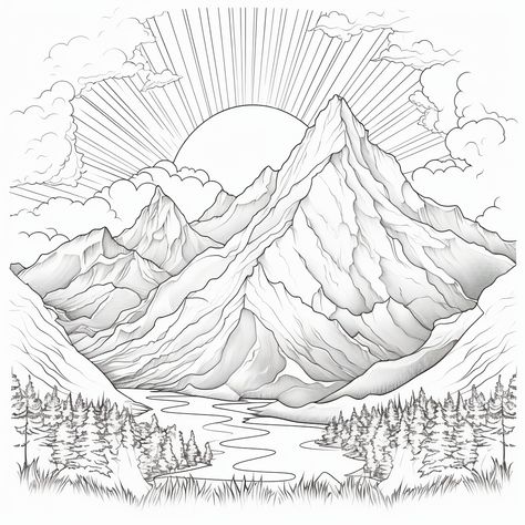 Mindfulness coloring page.  Mountains Mountains Coloring Pages, Mountain Pyrography, Mountain Coloring Pages, Cute Coloring Pages For Adults, Scenery Sketch, Mindful Coloring Pages, Mindfulness Coloring Pages, Llama Embroidery, Drawing Mountains