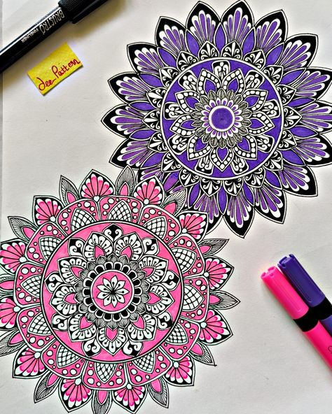 Used Camlin brush pens for the colors and tried different patterns for the Mandala. Pink and Purple is my favourite color combination Brushpen Mandala Art, Mandala With Brush Pens, Purple Mandala Art, Pink Mandala Art, Mandala Art Colorful Patterns, Brush Pen Drawing Ideas, Drawing Ideas Mandala, Pen Drawing Ideas, Pen Mandala