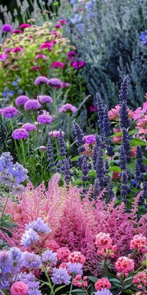 Dreamy Garden Aesthetic, Whimsical Flower Garden, Garden Flower Bed Ideas, Purple Flower Garden, Spring Flowers Garden, Pink Gardens, Ethereal Garden, Flower Bed Designs, Garden Flower Beds