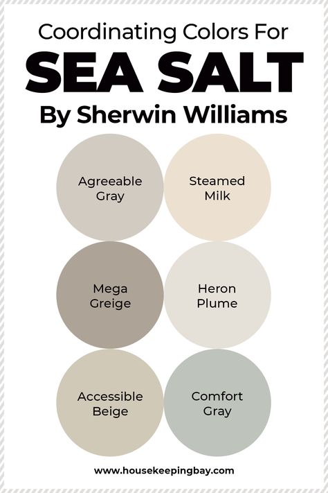 Coordinating Colors For the Sherwin Williams Sea Salt Colors That Go With Sea Salt Sherwin Williams, Sherman Williams Sea Salt Coordinating Colors, Rustic Interior Paint Colors Schemes, Coordinating Colors With Sea Salt, Coordinating Paint Colors Interiors, Sea Salt Sherwin Williams Coordinating Colors, Sherwin Williams Sea Salt Coordinating Colors, Colors That Go With Sea Salt Paint, Sea Salt Kitchen Walls