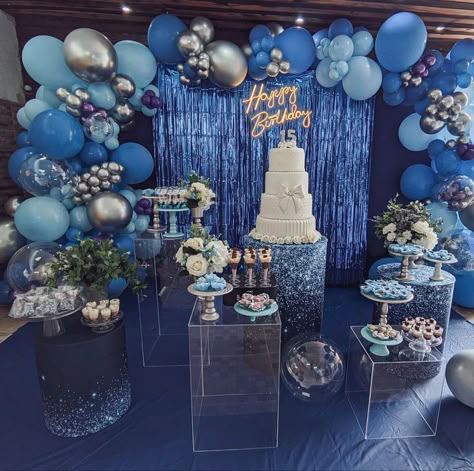 Blue Birthday Table Decorations, Blue Birthday Party Aesthetic, Blue Aesthetic Party, Sweet 16 Party Ideas Blue, Dress Up Birthday Party, 15th Birthday Decorations, Up Birthday Party, 15th Birthday Party Ideas, Blue Sweet 16