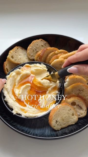 Nicolle | Cheese, Wine, Easy Appetizers & Recipes on Instagram: "RECIPE HERE ✨⬇️ Since you all LOVED my original brie butter recipe, here is one to serve up for the holiday season with a little bit of heat 🧀🔥😍 this recipe is perfect to whip up for any holiday get together with a warm baguette! 🥖 What you’ll need: 🧀 8oz brie cheese wheel 🧈 1 cup salted butter 🍯 4 tbsp hot honey Take the rind off your chilled brie cheese using a vegetable peeler or similar cheese tool like the one I’m using (on my storefront). Cut it up into small pieces and let it sit & come to room temperature. Combine equal parts brie and butter to a food processor and blend until smooth. Add butter to a bowl and top with HOT honey 🔥 (you can also store this in the fridge for up to 5 days) but take out and serve a Brie Butter, Brie Butter Recipe, Whipped Brie Butter, Hot Honey Cheese, Bree Cheese Ideas, Whipped Brie Hot Honey, Brie And Pumpkin Butter, Brie Dip, How To Eat Brie Cheese