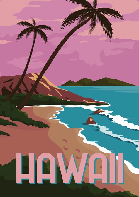 Hawaii Painting, Hawaii Pictures, Inspiration Logo Design, Hawaii Art, Tourism Poster, Beach Illustration, Summer Poster, Hawaii Life, Beach Posters