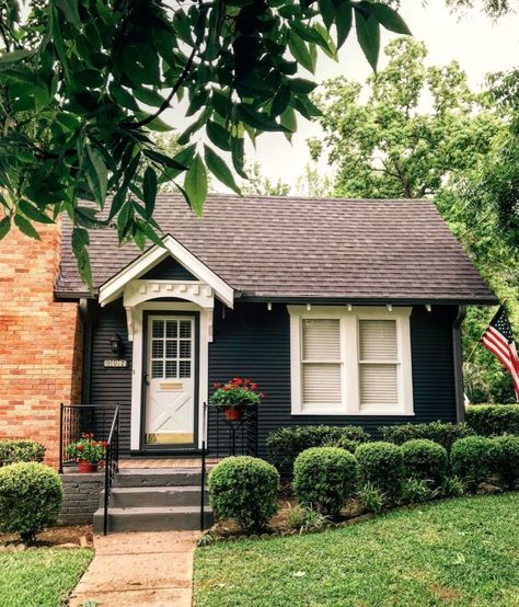 Design & Photo by Breezy Lake-Wolfe | Soot by Benjamin Moore Small House Exterior Colors, Exterior House Design, Small House Exterior, Black Houses, Black Paint Color, Bungalow Exterior, Dark House, Cottage Exterior, Exterior Paint Colors For House