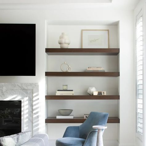 Floating Shelves Beside Fireplace - Photos & Ideas | Houzz Fireplace Shelves Floating, Fire Place Shelves, Floating Shelves On Side Of Fireplace, Shelves Above Fireplace, Floating Shelves Beside Fireplace, Shelves Beside Fireplace, Floating Shelves Fireplace, Shelves Next To Fireplace, Beside Fireplace