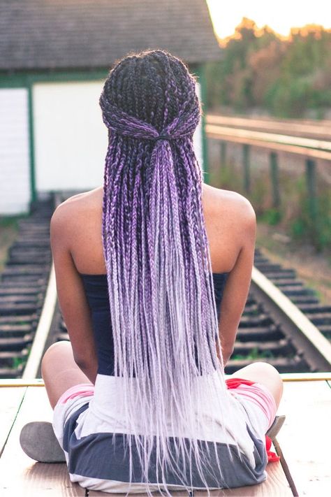 Black to Purple to Grey/Lavender Ombre Box braids. I love wearing colored long braids as a protective style for my natural hair!   #protectivestyle #boxbraids #naturalhair Purple Box Braids, Ombre Box Braids, Black Box Braids, African Natural Hairstyles, Purple Braids, Afro Braids, Purple Ombre Hair, Short Ombre Hair, Blonde Box Braids