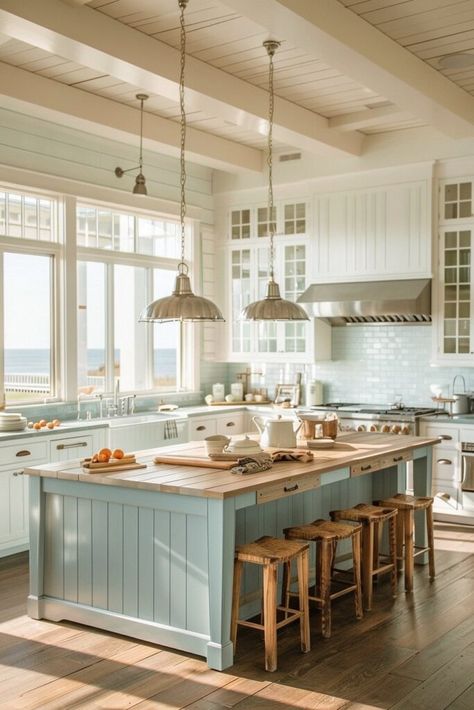 16 Dreamy Coastal Kitchen Designs Perfect for Seaside Living! - My Decor Inspo Classy Coastal Kitchen, Beach Wood Kitchen, House Interior Beach Coastal, California Beach House Kitchen, Coastal Interiors Design Kitchen, White Beachy Kitchen, Coastal Kitchen Aesthetic, Beach Inspired Kitchen Coastal Style, Beach House Small Kitchen