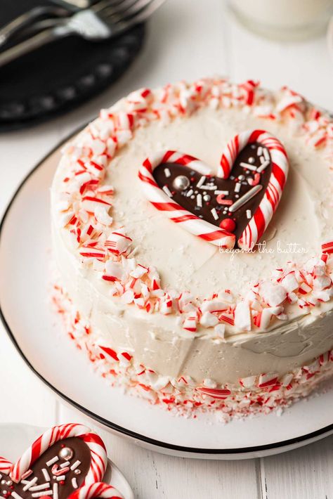 This 6 inch Single Layer Peppermint Chocolate Cake recipe gives you a moist and chocolatey, peppermint-flavored cake! Enjoy it with this light and refreshing peppermint swiss meringue buttercream for the ultimate chocolate-peppermint combo! Full recipe on BeyondtheButter.com! Peppermint Chocolate Cake, Dairy Queen Cake, Chocolate Peppermint Cake, Milk Chocolate Frosting, Peppermint Dessert, Peppermint Cake, Peppermint Chocolate, Single Layer Cakes, Mini Candy Canes