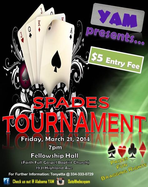 YAM Spades Tournament Flyer Spades Tournament, Game Night Party Ideas, Spades Card Game, Night Party Ideas, Game Night Party, Game Night Parties, Money Cake, Night Parties, Fundraiser Ideas