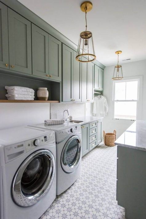 Among the most popular colors this year, sage green decor is one of the top picks. Design Seed, Laundry Room Tile, Laundry Room Organization Storage, Rustic Laundry Rooms, Green Laundry, Room Storage Diy, Basement Laundry Room, Dream Laundry Room, Basement Laundry