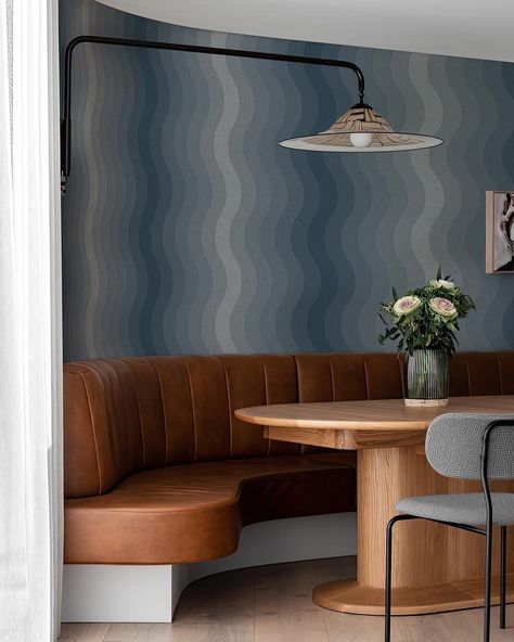 This bold, eye-catching wall mural is an homage to maximalist decor. A tonal multi stripe available in four different colors. The perfect substitute for a plain color to cover all four walls in a room. Terracotta, Pink, Blue or Green - which one is your favorite? #wallpaper #wallcoverings #interior #maximalistdecor Director Room, Blue Mural, 70s Interior Design, Pink Terracotta, Blue Interior Design, 70s Interior, Bold Decor, Interior Desig, Mid Century Modern Kitchen