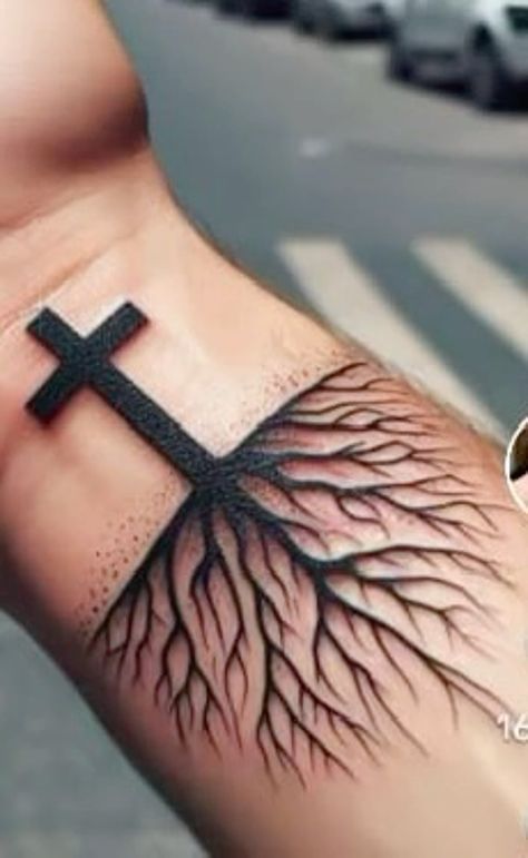 Cross With Roots Tattoo, Small Tats Men, Tattoo Ideas Sleeve Men, Christian Chest Tattoo Men, Faith Tattoo Men, Cross Tattoos For Men Forearm, Creative Tattoos For Men, Cross Tattoos For Guys, Bible Tattoos For Men