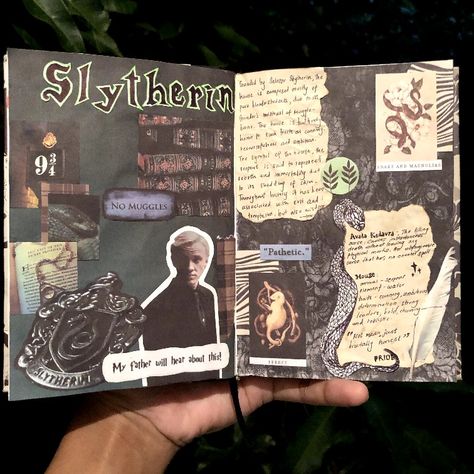 Slytherin inspired journal page with a color palette of green, black and beige. Left page has pieces that symbolise hogwarts and the slytherin house including the slytherin symbol, a snake and slytherin member draco.  Right page includes scriptures about the slytherin house and their traits plus a symbolisation of a ferret and snake & magnolias. Hogwarts Scrapbook Ideas, Scrapbook Ideas Harry Potter, Slytherin Scrapbook, Harry Potter Notebook Ideas, Hogwarts Scrapbook, Harry Potter Scrapbook Ideas, Harry Potter Journal Ideas, Slytherin Journal, Harry Potter Potion Labels