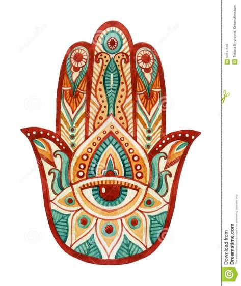 Hamsa Hand in watercolor. Protective and Good luck amulet in Indian, Arabic Jewish cultures. Hamesh hand in vivid colors.. Illustration about egypt, good, design, hamesh - 69137596 Hamsa Drawing, Hamsa Tattoo Design, Hamsa Hand Tattoo, Hamsa Art, Henna Drawings, Hamsa Tattoo, Hand Symbols, Fatima Hand, Yoga Design