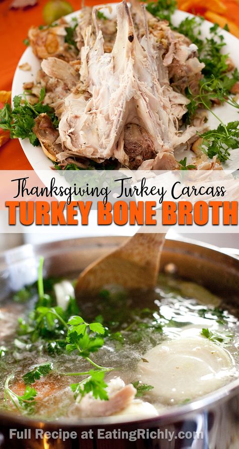 Use your Thanksgiving leftovers turkey carcass to make a rich and flavorful bone broth that's full of nutrition. #thanksgiving #thanksgivingrecipes #thanksgivingleftovers #leftovers #bonebroth #bonebrothrecipes #bones #turkeybones #turkeystock #turkeybroth Leftover Turkey Bone Broth, Turkey Carcass Broth, What To Do With Turkey Bones, Turkey Bone Broth Recipe Stove Top, Stock From Turkey Bones, Boil Turkey Bones For Soup, Bone Broth Turkey, Leftover Turkey Broth Recipes, Turkey Stock From Carcass Bone Broth