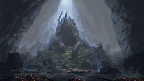 ArtStation - Dragon Cave, Davey Baker Cave Ruins Concept Art, Dragon Temple Fantasy Art, Dnd Landscape, Dnd Locations, Fantasy Reference, Dragon Spirit, Cave Temple, Dragon Anatomy, Dragon Cave