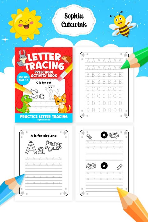 Letter Tracing Preschool Activity Book for Kids Ages 3-5: 80 Activity Pages - Practice Line Tracing and Letters by Sophia Cutewink Letter Tracing Preschool, Tracing Preschool, Preschool Activity Books, Line Tracing, Art Books For Kids, Writing Practice Worksheets, Ramadan Activities, Letter Tracing, Activity Pages