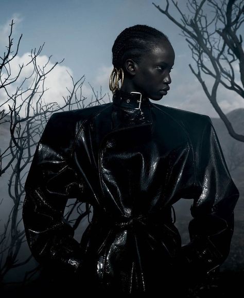 Dark Fashion Photography, Anok Yai, Harpers Bazaar Magazine, Black Leather Coat, High Fashion Editorial, Fashion Photography Inspiration, Photoshoot Concept, Mood Board Fashion, Future Fashion