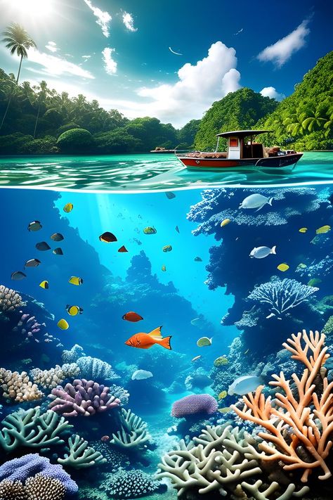 Underwater Drawing, Sea Life Wallpaper, Paradise Landscape, Marine Day, Boat Cartoon, Underwater Wallpaper, Marine World, Image Of Fish, Water Architecture