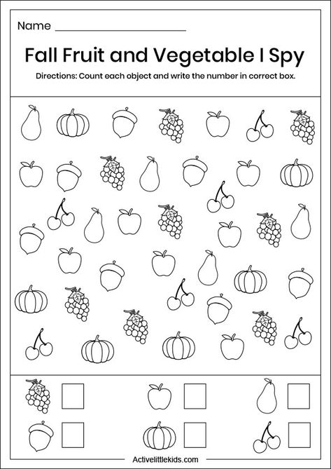 Fall I spy worksheets - Free printables - Active Little Kids Fun Preschool Worksheets, I Spy Worksheets, Printable Fruits, Matematik Prasekolah, Color Worksheets For Preschool, Fall Worksheets, Fall Lesson Plans, Fall Fruit, Fall Lessons